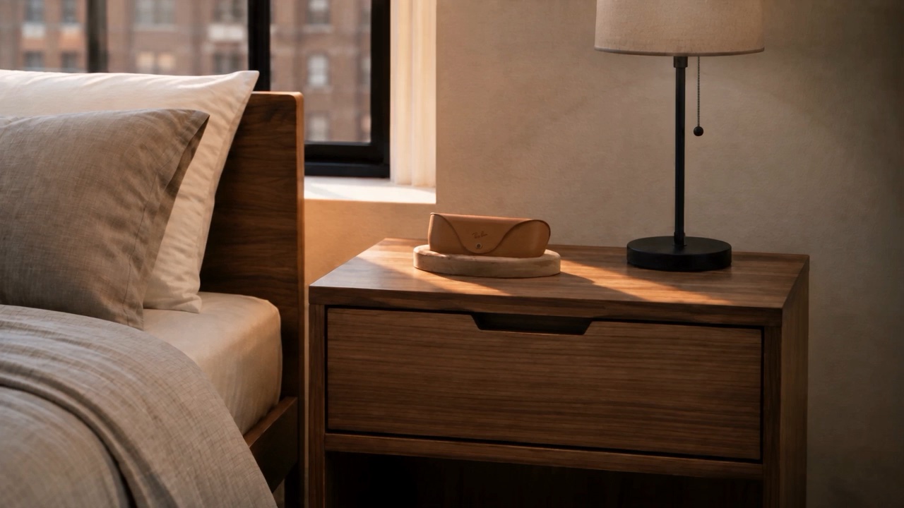 Ray-Ban Meta charging case resting on a solid walnut KANSO Accessories stand on a bedside table