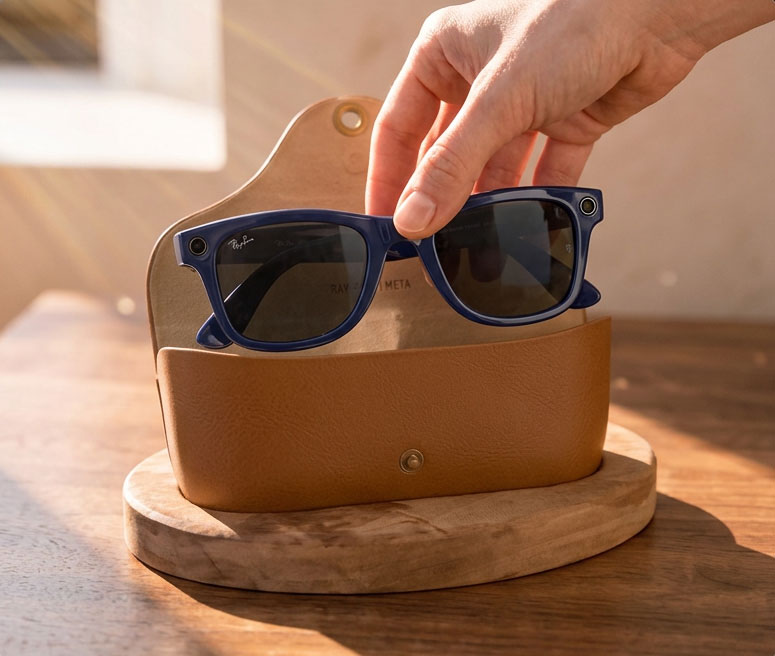 A hand lifting Ray-Ban Meta glasses from the open case while it sits docked on the walnut stand