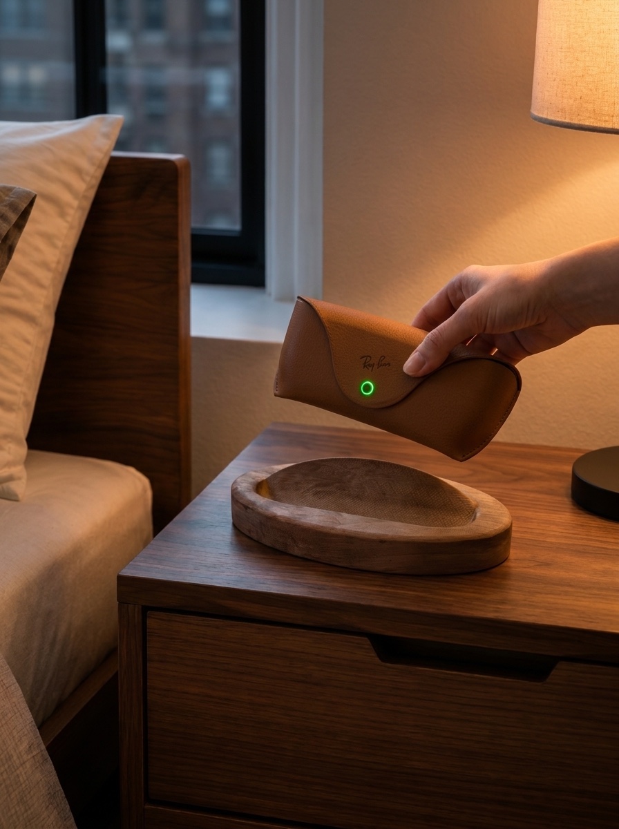 A hand lifting the Ray-Ban Meta case off the walnut stand, charge light glowing green