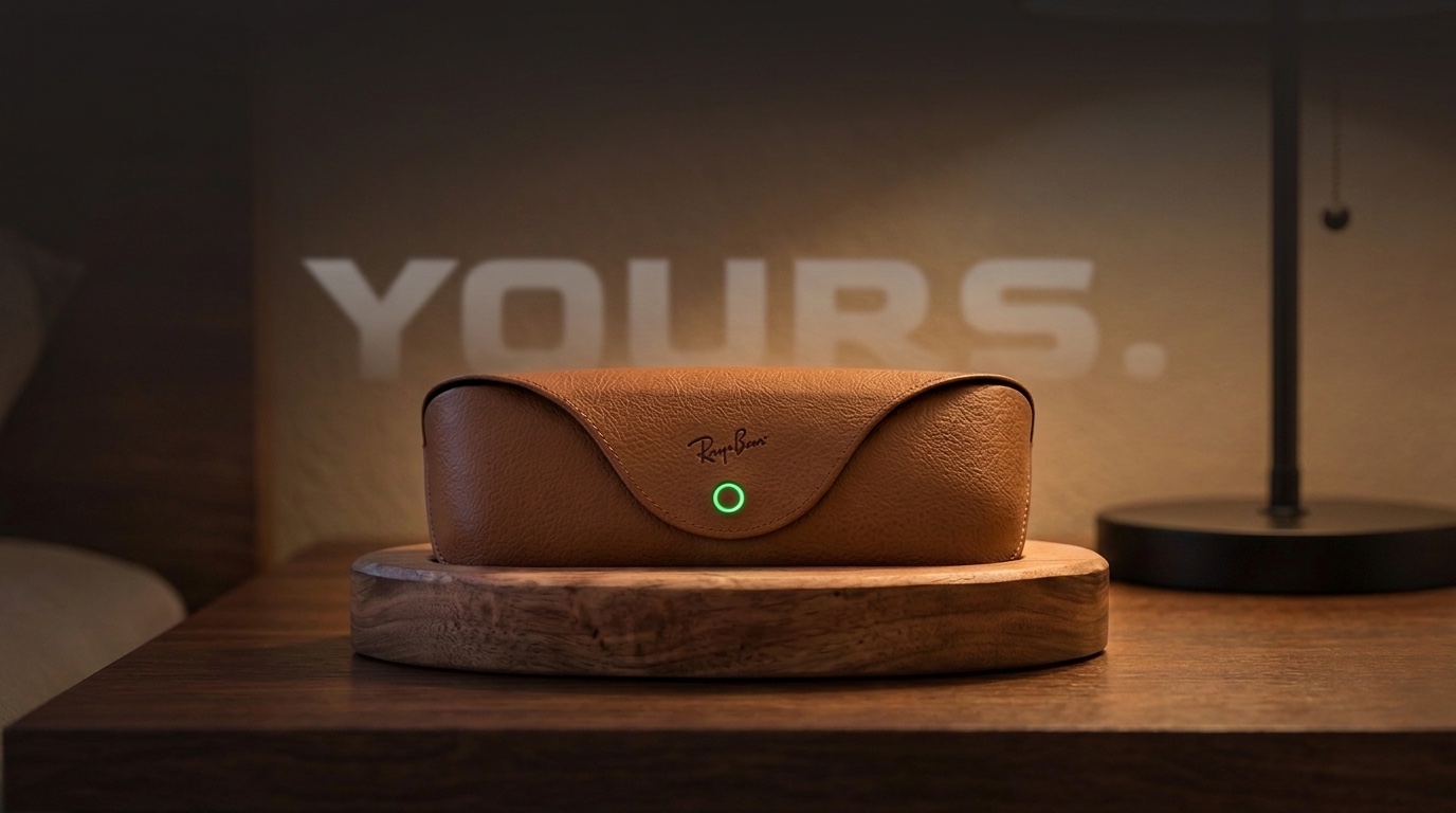 Ray-Ban Meta case charging on the walnut stand at night, the word YOURS projected on the wall behind it
